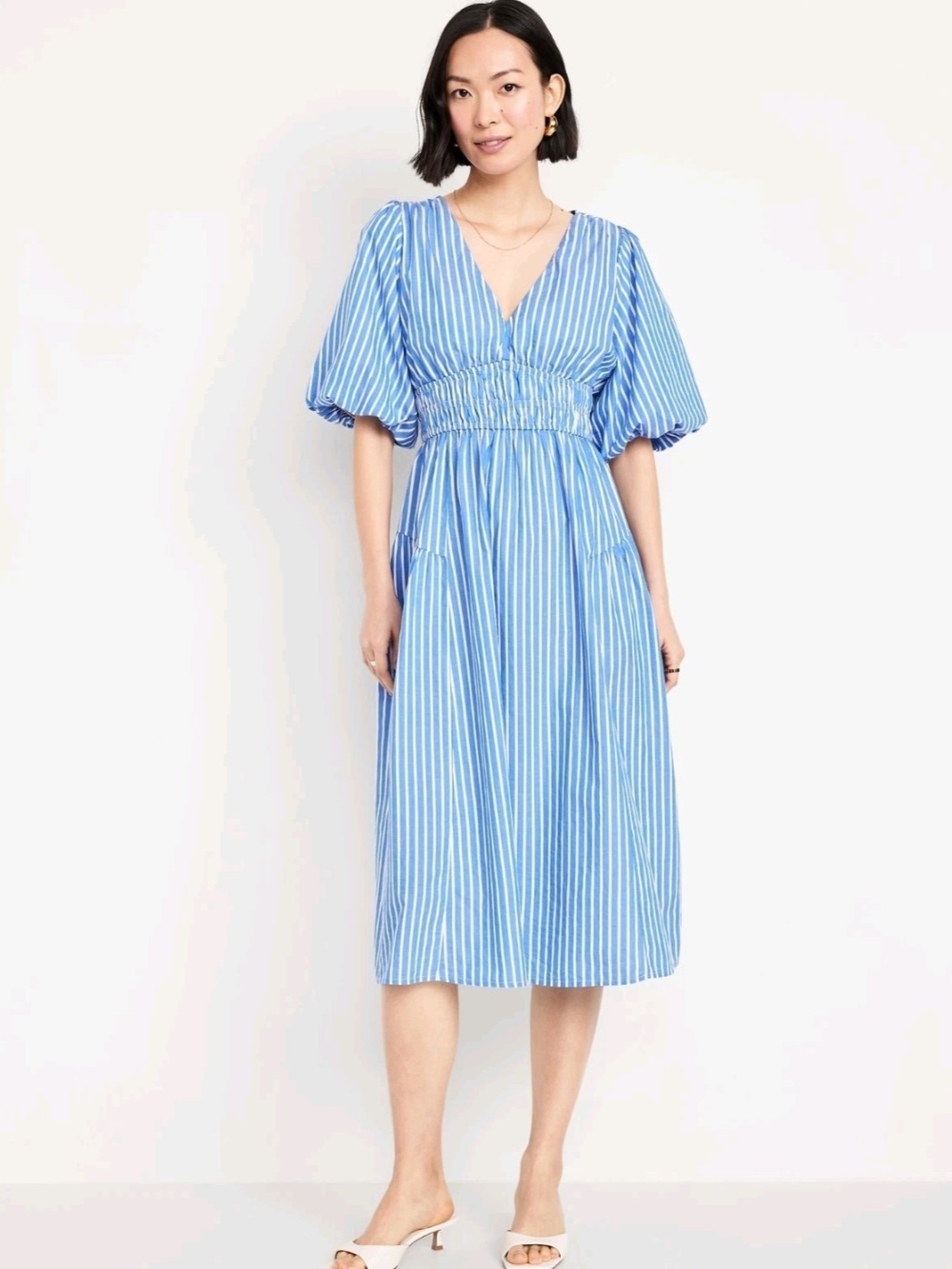 Blue Stripe V-Neck Puff Sleeve Midi Dress